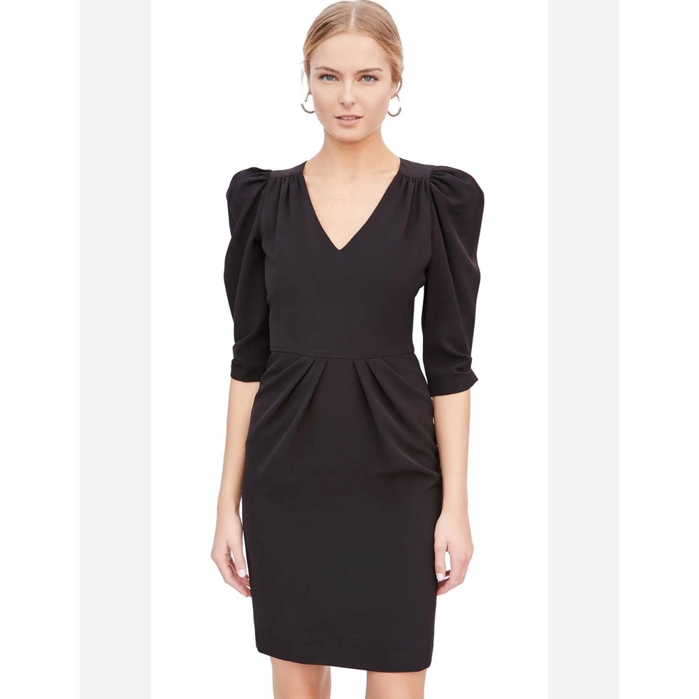NEW Black Halo Livia Sheath Midi Dress V Neck Puff Sleeve Size 4 Made in USA NWT